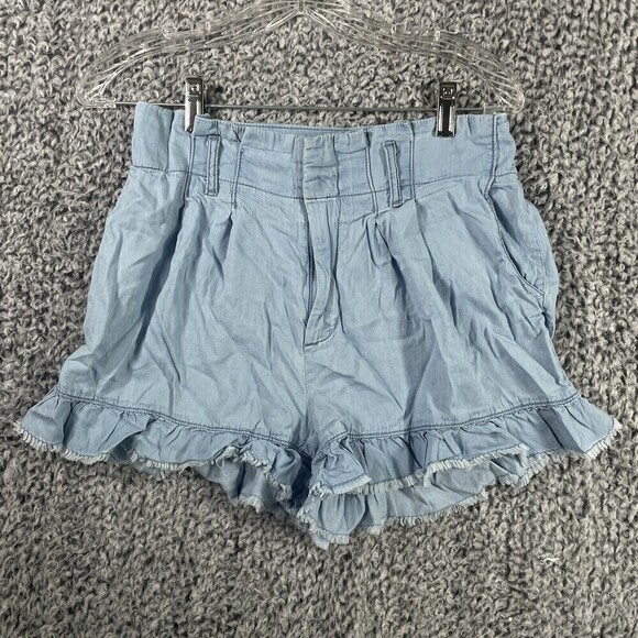 SINCERELY Jules High Waisted Belted Paperbag Chambray Blue Ruffled Shorts Sz Sm - Picture 1 of 9
